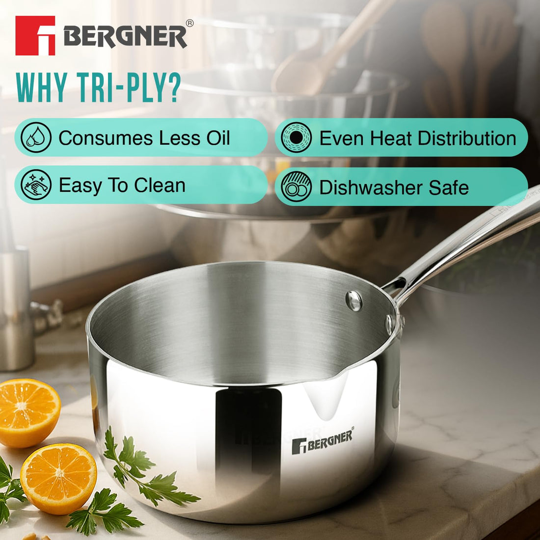 Bergner Argent TriPly Stainless Steel Milkpan/Saucepan, Stay Cool Cast Handle, Food Safe, Durable, Even Heat Distribution, Dishwasher Safe, Induction and Gas Ready, 5-Year Warranty, Silver