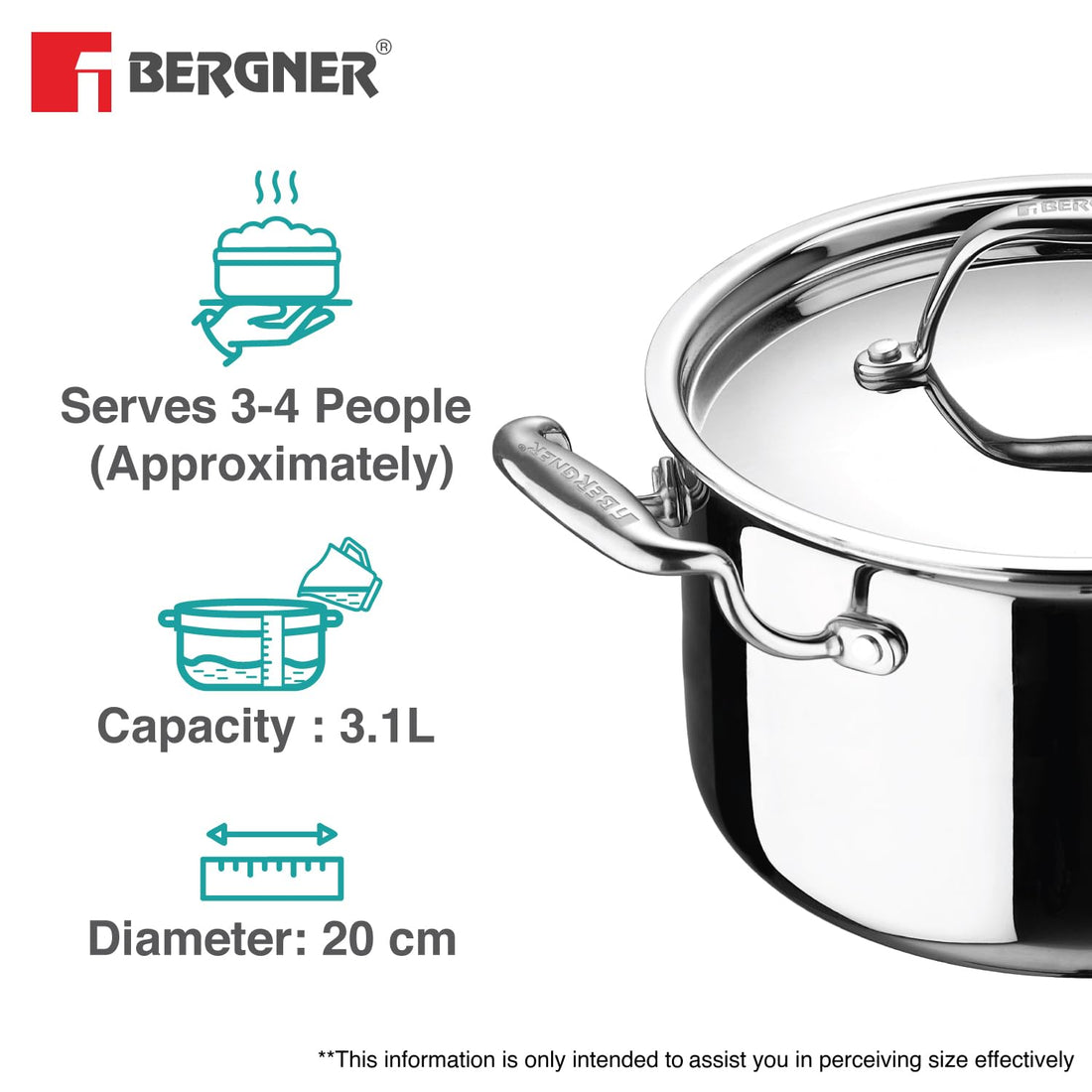 Bergner Argent TriPly Stainless Steel Casserole with Stainless Steel Lid, Stay Cool Cast Handle, Less Oil Use, Healthy Cooking, Food Safe, Durable - Induction and Gas Ready