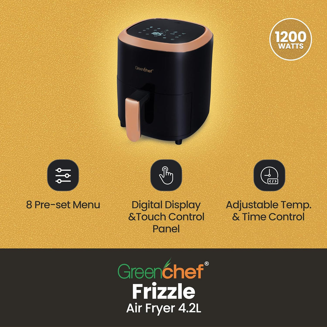 Greenchef Digital Air Fryer Frizzle with Touch Panel, uses up to 90% less fat, 8 Pre-set Menu, 1200W, 4.2 Liter (Black), Large