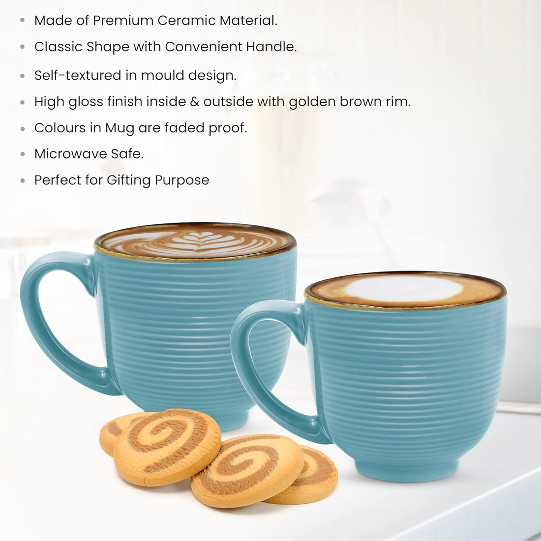 Treo by Milton Eclate Ceramic Mug, Set of 6, 180 ml Each, Turquoise | Coffee Mug | Tea | Milk | Smoothies | Microwave Safe | Dishwasher Safe | Easy to Handle