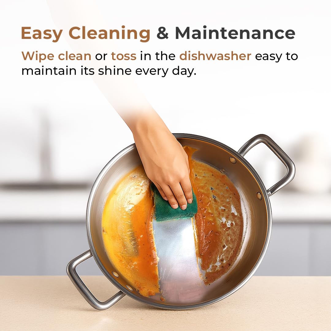 Cheftone  Premium Triply Stainless Steel Kadai with Lid |  Round Bottom Cookware | 3 Layer Stainless Steel Cookware| Even Heating Compatible with Induction & Gas Stoves