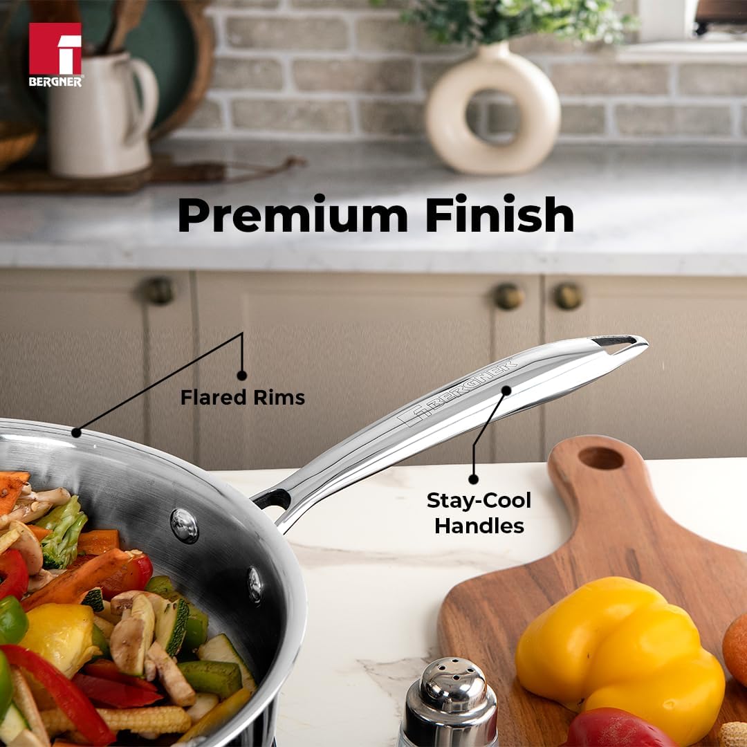 BERGNER Argent TriPly Stainless Steel Sautepan with Stainless Steel Lid, Sturdy Stay Cool Cast Handle, Healthy Cooking, Less Oil Use, Food Safe, Durable - Induction and Gas Stove Ready