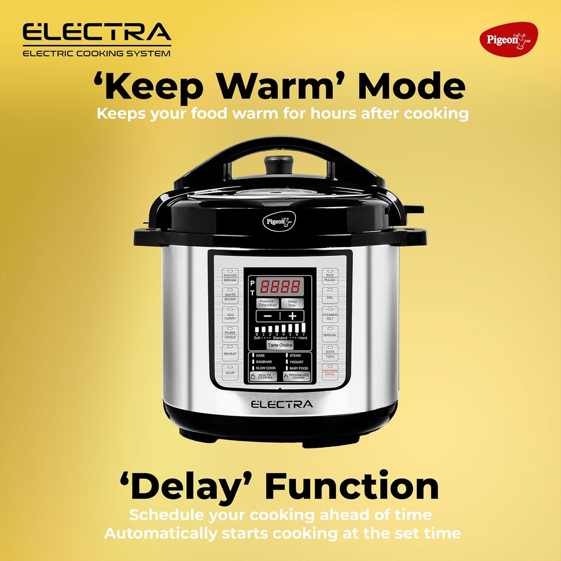Pigeon By Stovekraft Electra Smart 3 Litre Electric Pressure Cooker with Digital Display | 18 Indian Preset Menu | Automatic Rice Cooker | Delay Timer & More (Stainless Steel)