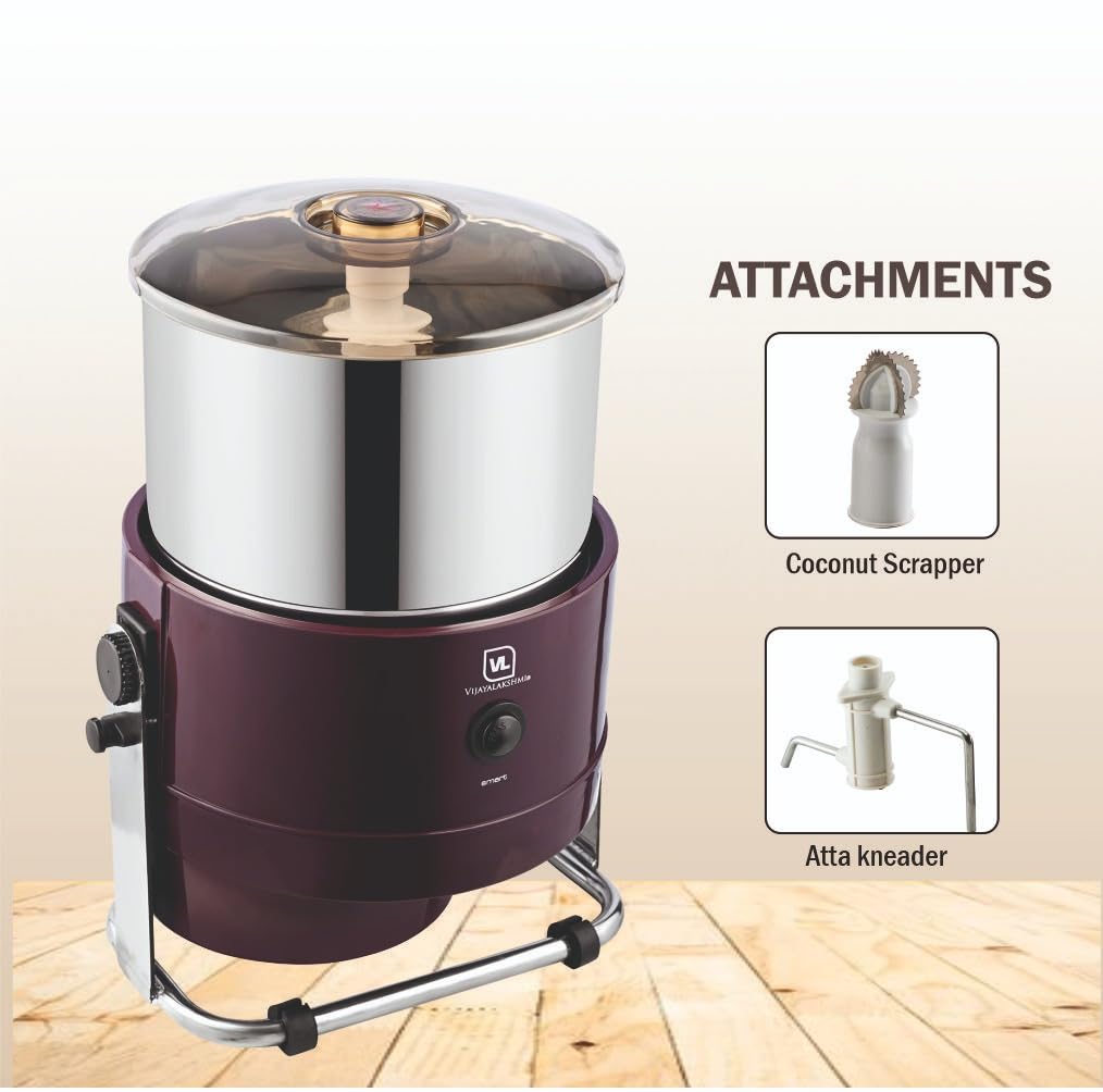 VIJAYALAKSHMI | SMART 2 Litre | Table Top Tilting Wet Grinder | With Coconut Scrapper & Atta Kneader Attachment | Heavy ABS Body Wet Grinder, 2L (Maroon)