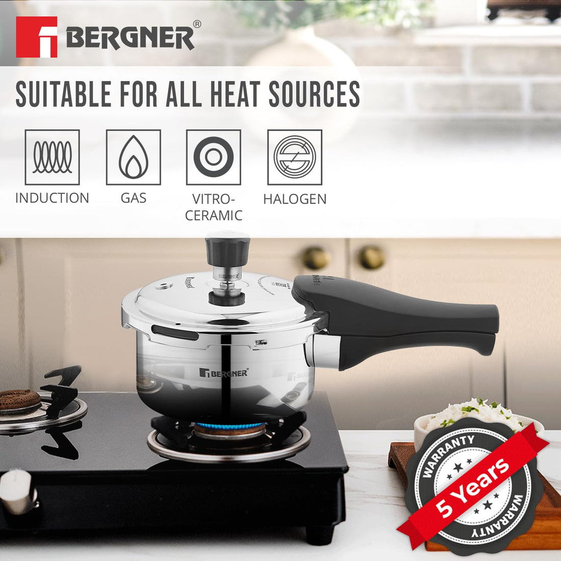 Bergner Trimax Triply Stainless Steel Outer Lid Pressure Cooker, Triply Bottom, For Healthy Cooking, Mirror Finish, Easy To Clean, Durable, Induction Base & Gas Ready, Silver, 5-Year