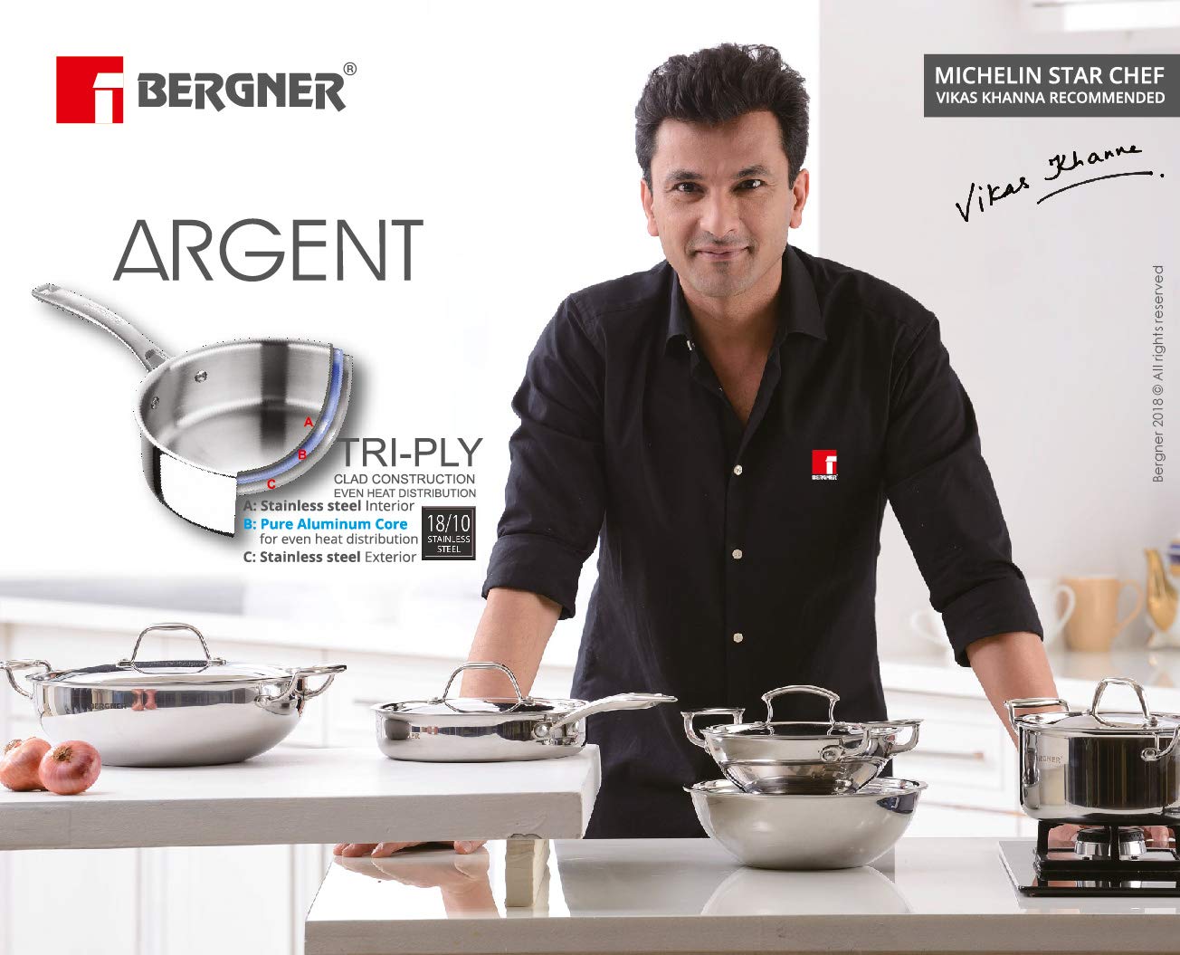 Bergner Argent TriPly Stainless Steel 12cm Tadka Pan, 500ml Capacity, For Spice Tempering/Seasoning, Laser-Etched Measuring Scale Inside, Food Grade, Healthy Cooking - Induction and Gas Stove Ready