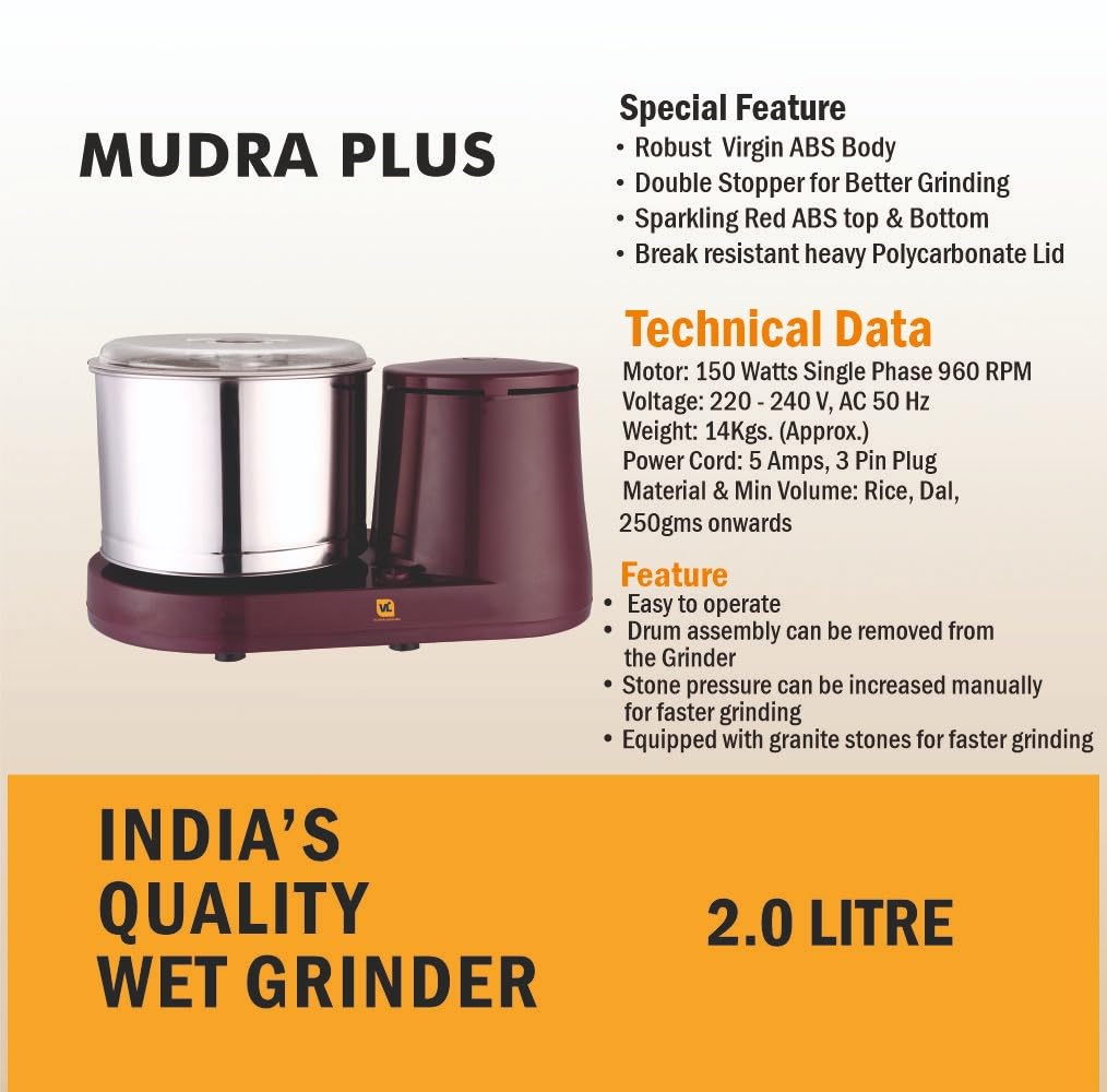VIJAYALAKSHMI | MUDRA Plus 2 Litre | Heavy ABS Body Wet Grinder, 2L (Cherry) | with Coconut Scrapper & Atta Kneader Attachment