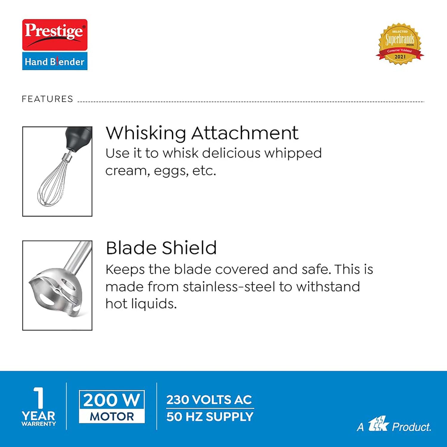 Prestige PHB 6.0 200 Watt 2 Speed Hand Blender with Blending Jar, Chopping, Whisking Attachment