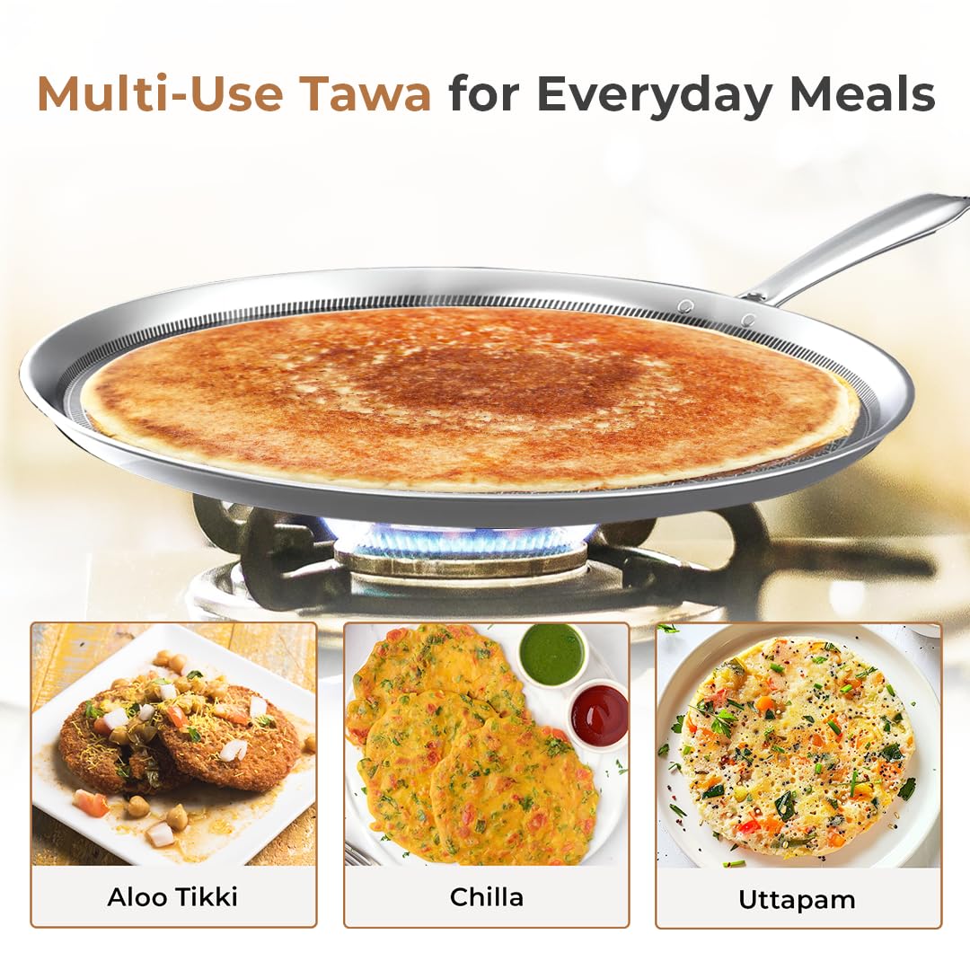 Tri-Ply Honeycomb  Dosa Tawa | 30 cm |Induction & Gas Compatible | Tawa for Dosa, Uthappam, Chapati, Roti, Naan | Metal Spatula Safe | Riveted Handle | Toxin-Free Cookware