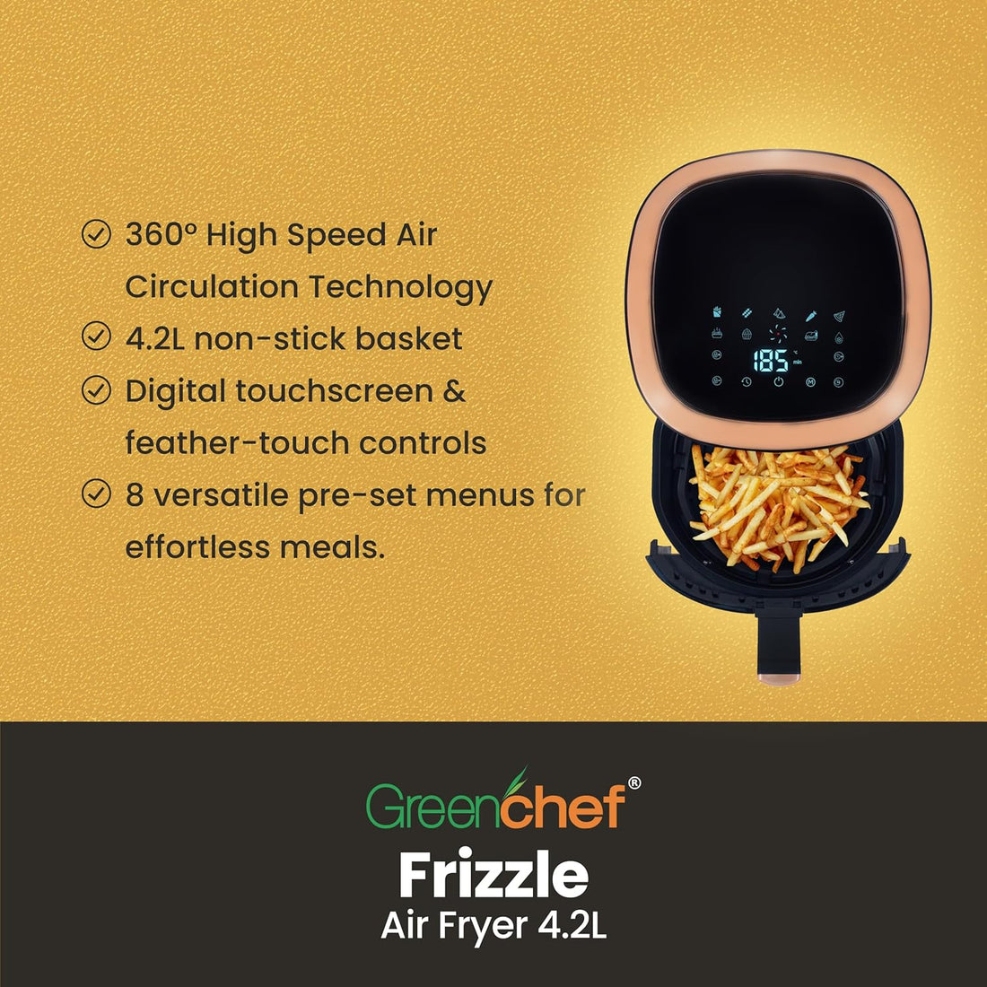 Greenchef Digital Air Fryer Frizzle with Touch Panel, uses up to 90% less fat, 8 Pre-set Menu, 1200W, 4.2 Liter (Black), Large