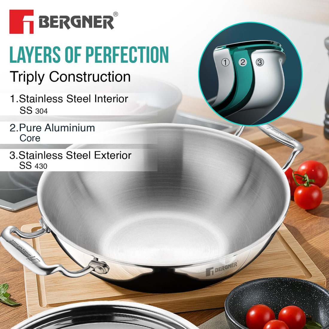 BERGNER Argent TriPly Stainless Steel Kadai with Stainless Steel Lid, Less Oil Use, Healthy Cooking, Food Safe, Stay Cool Cast Handles - Induction and Gas Stove Ready