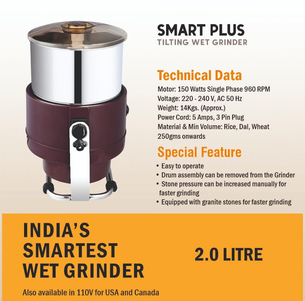 VIJAYALAKSHMI | SMART 2 Litre | Table Top Tilting Wet Grinder | With Coconut Scrapper & Atta Kneader Attachment | Heavy ABS Body Wet Grinder, 2L (Maroon)