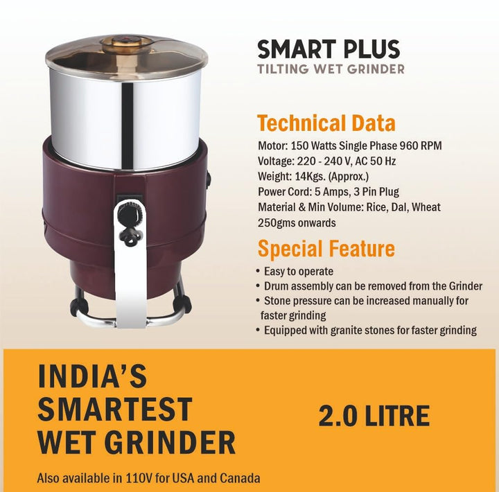 VIJAYALAKSHMI | SMART 2 Litre | Table Top Tilting Wet Grinder | With Coconut Scrapper & Atta Kneader Attachment | Heavy ABS Body Wet Grinder, 2L (Maroon)