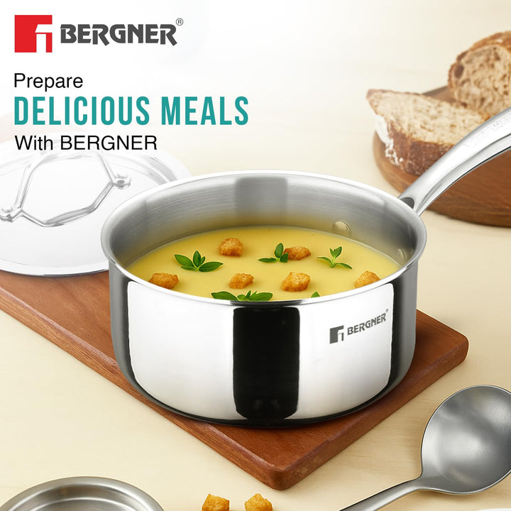 Bergner Argent TriPly Stainless Steel Saucepan with Stainless Steel Lid, Stay Cool Cast Handle, Food Safe, Less Oil Use, Durable, Healthy Cooking - Induction and Gas Stove Ready
