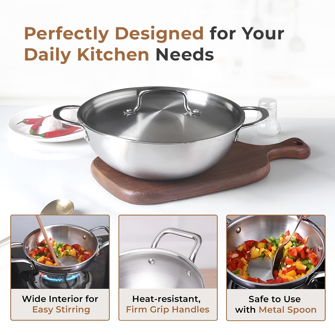 Cheftone  Premium Triply Stainless Steel Kadai with Lid |  Round Bottom Cookware | 3 Layer Stainless Steel Cookware| Even Heating Compatible with Induction & Gas Stoves