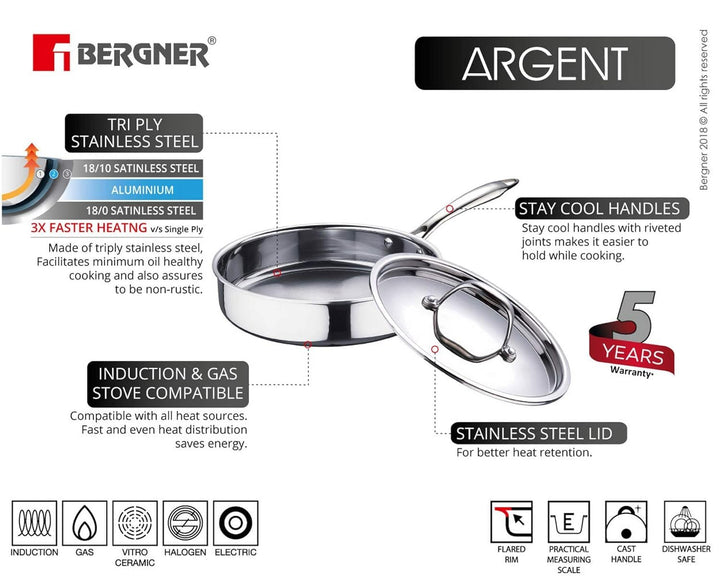BERGNER Argent TriPly Stainless Steel Sautepan with Stainless Steel Lid, Sturdy Stay Cool Cast Handle, Healthy Cooking, Less Oil Use, Food Safe, Durable - Induction and Gas Stove Ready