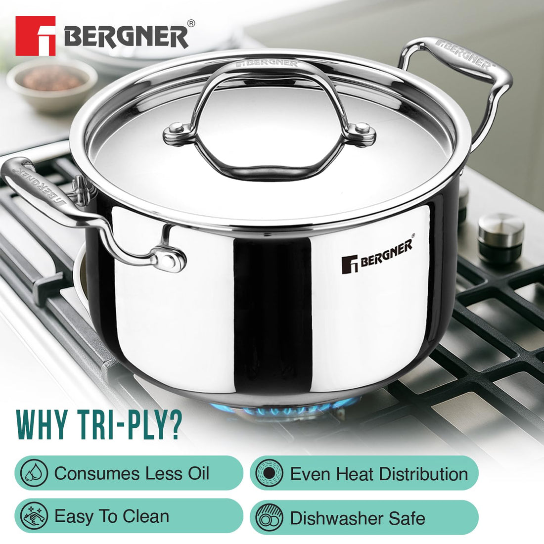 Bergner Argent TriPly Stainless Steel Casserole with Stainless Steel Lid, Stay Cool Cast Handle, Less Oil Use, Healthy Cooking, Food Safe, Durable - Induction and Gas Ready