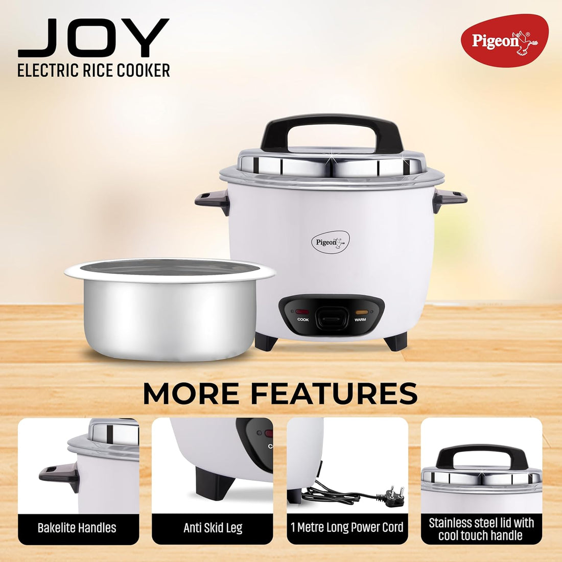 Pigeon by Stovekraft Ruby Rice Cooker with Single pot, 1.8 litres.(White) | Toughened Glass Lid | 700 Watts | 1 Aluminium Cooking Pot | Measuring Cup| Spatula | Energy Efficient Cooking