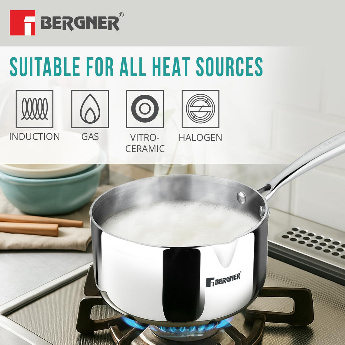 Bergner Argent TriPly Stainless Steel Milkpan/Saucepan, Stay Cool Cast Handle, Food Safe, Durable, Even Heat Distribution, Dishwasher Safe, Induction and Gas Ready, 5-Year Warranty, Silver