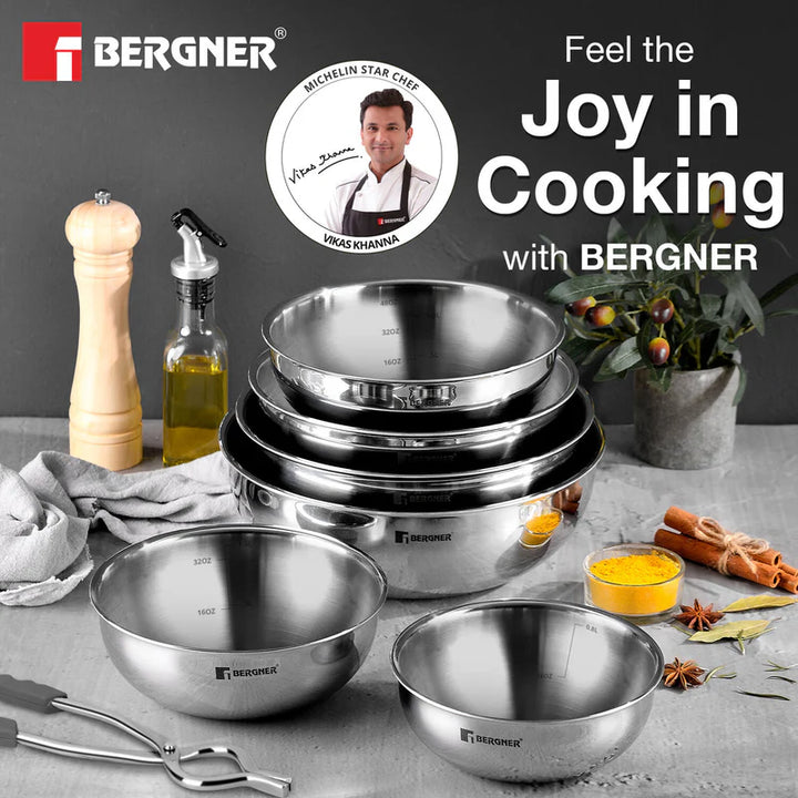 Bergner Stainless Steel Mixing Bowl with Measurement Marks – Durable & Multi-Purpose