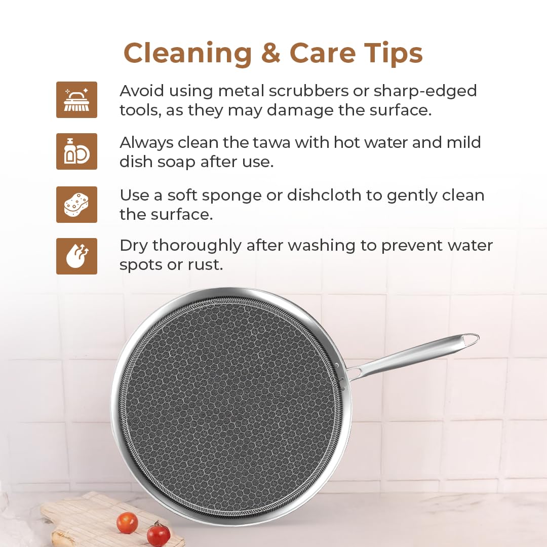 Tri-Ply Honeycomb  Dosa Tawa | 30 cm |Induction & Gas Compatible | Tawa for Dosa, Uthappam, Chapati, Roti, Naan | Metal Spatula Safe | Riveted Handle | Toxin-Free Cookware