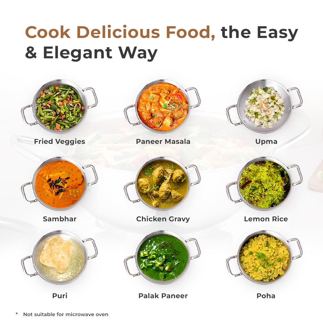 Cheftone  Premium Triply Stainless Steel Kadai with Lid |  Round Bottom Cookware | 3 Layer Stainless Steel Cookware| Even Heating Compatible with Induction & Gas Stoves