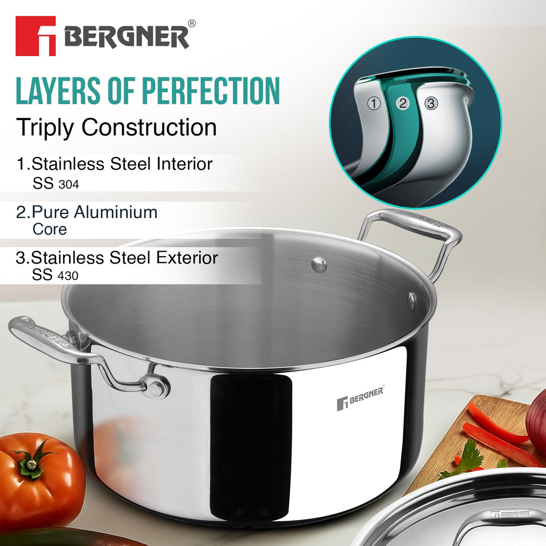 Bergner Argent TriPly Stainless Steel Casserole with Stainless Steel Lid, Stay Cool Cast Handle, Less Oil Use, Healthy Cooking, Food Safe, Durable - Induction and Gas Ready