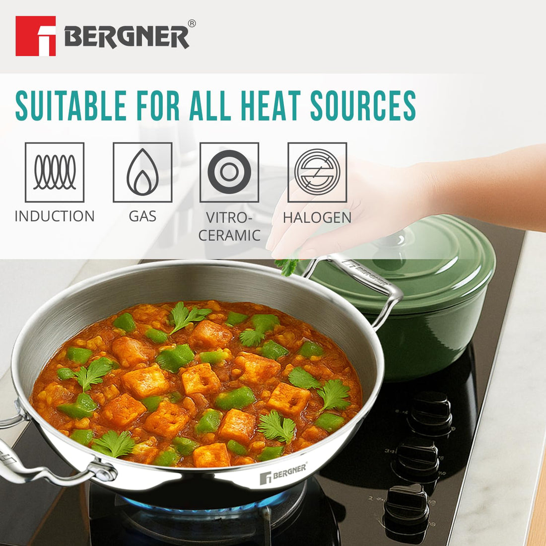 BERGNER Argent TriPly Stainless Steel Kadai with Stainless Steel Lid, Less Oil Use, Healthy Cooking, Food Safe, Stay Cool Cast Handles - Induction and Gas Stove Ready