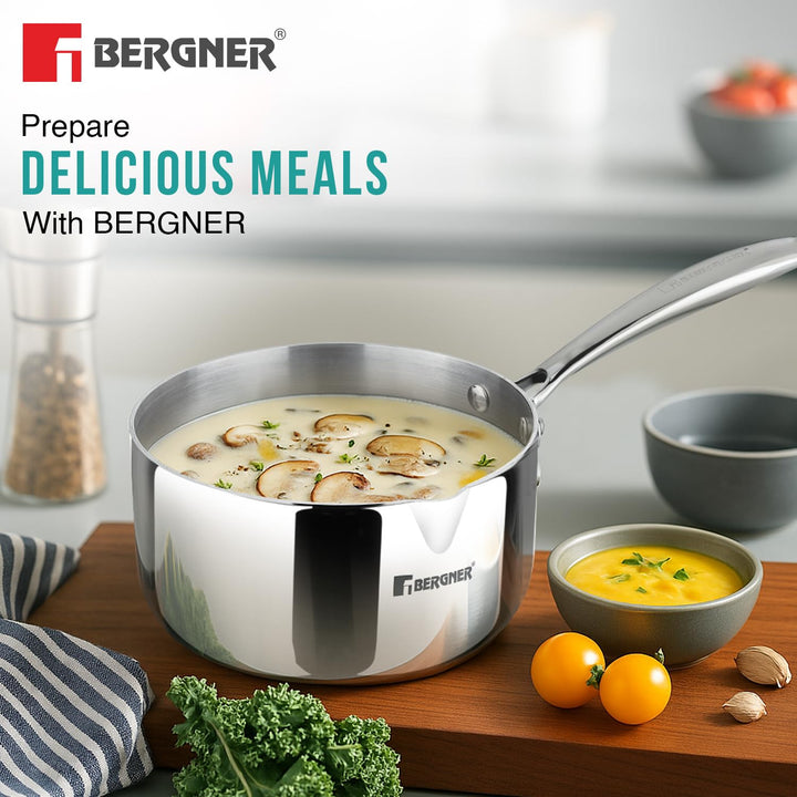 Bergner Argent TriPly Stainless Steel Milkpan/Saucepan, Stay Cool Cast Handle, Food Safe, Durable, Even Heat Distribution, Dishwasher Safe, Induction and Gas Ready, 5-Year Warranty, Silver