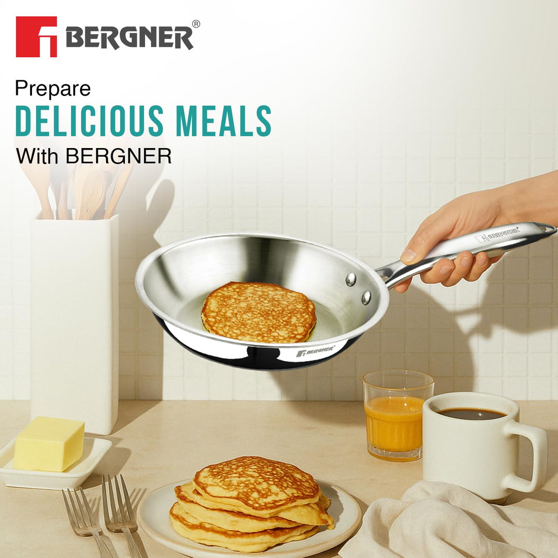 BERGNER Argent TriPly 20 cm Frypan/Steel Pan, Scratch Resistant, for Spice Tempering/Seasoning, Stay Cool Long Handle, Mirror Finish, Induction Ready, 5-Year Warranty by Bergner