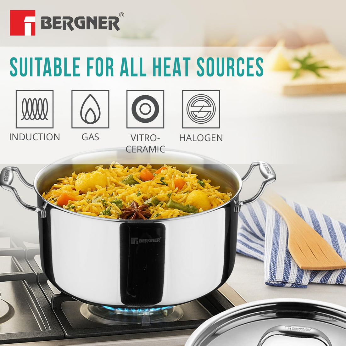 Bergner Argent TriPly Stainless Steel Casserole with Stainless Steel Lid, Stay Cool Cast Handle, Less Oil Use, Healthy Cooking, Food Safe, Durable - Induction and Gas Ready