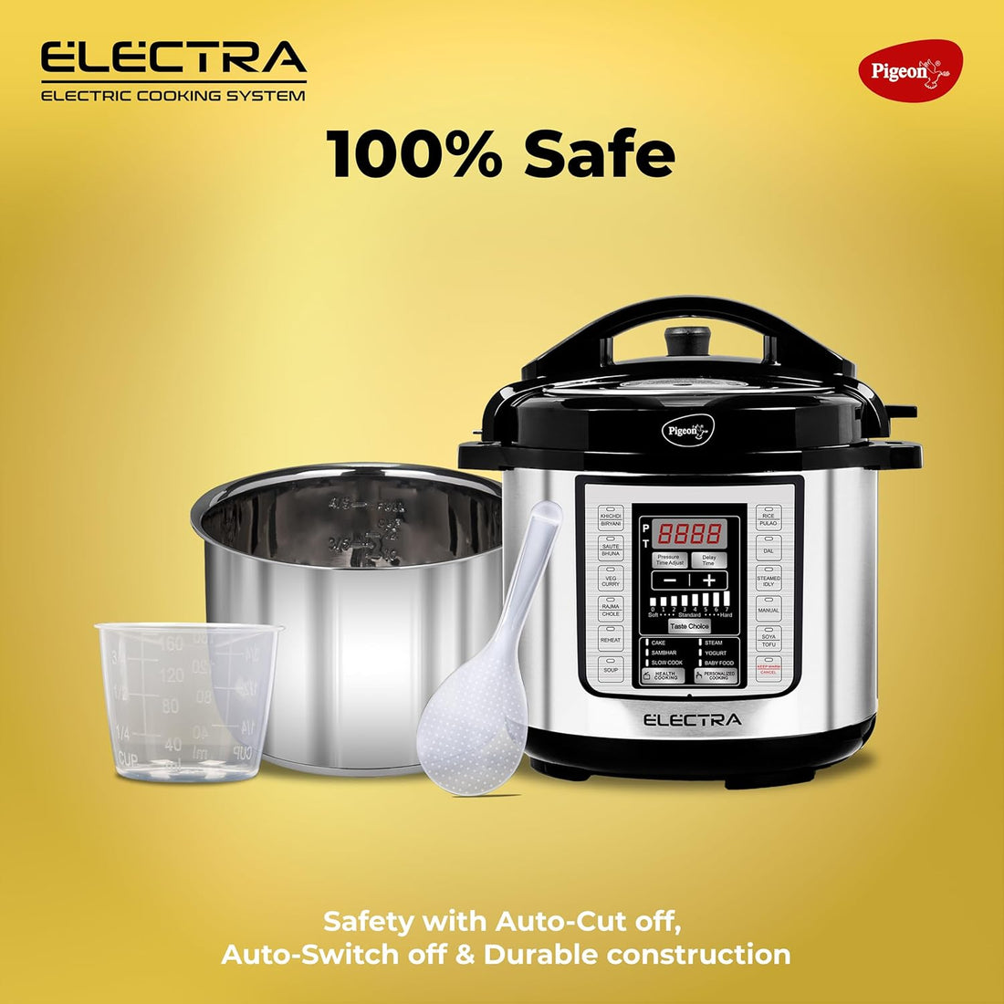 Pigeon By Stovekraft Electra Smart 3 Litre Electric Pressure Cooker with Digital Display | 18 Indian Preset Menu | Automatic Rice Cooker | Delay Timer & More (Stainless Steel)