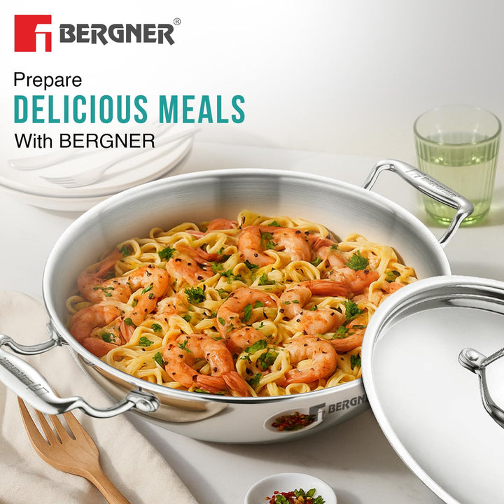 BERGNER Argent TriPly Stainless Steel Kadai with Stainless Steel Lid, Less Oil Use, Healthy Cooking, Food Safe, Stay Cool Cast Handles - Induction and Gas Stove Ready