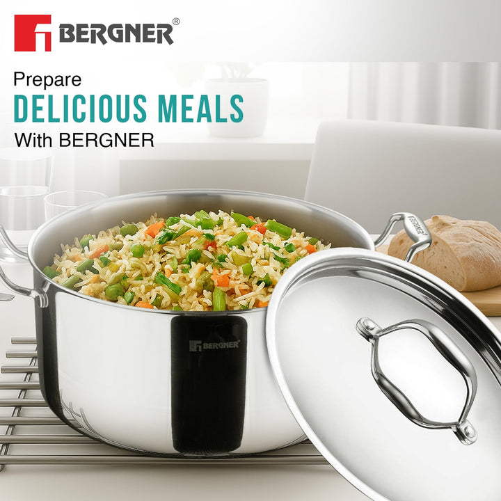 Bergner Argent TriPly Stainless Steel Casserole with Stainless Steel Lid, Stay Cool Cast Handle, Less Oil Use, Healthy Cooking, Food Safe, Durable - Induction and Gas Ready