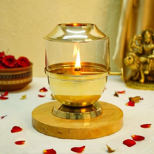 Brass Akhand Diya with Adjustable Bati with Screw Lever for Puja Borosilicate Glass Diya for Pooja Home Decoration & Gifts .