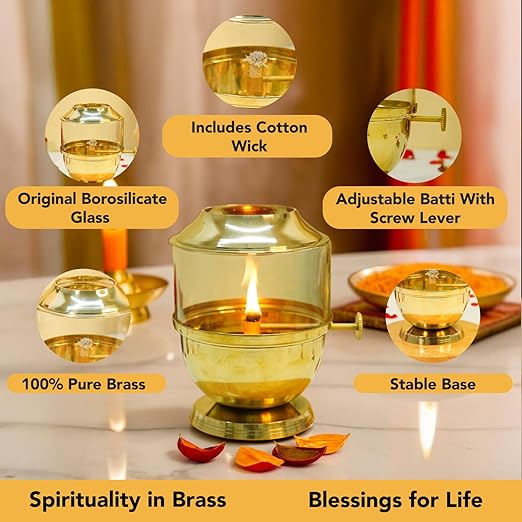 Brass Akhand Diya with Adjustable Bati with Screw Lever for Puja Borosilicate Glass Diya for Pooja Home Decoration & Gifts .
