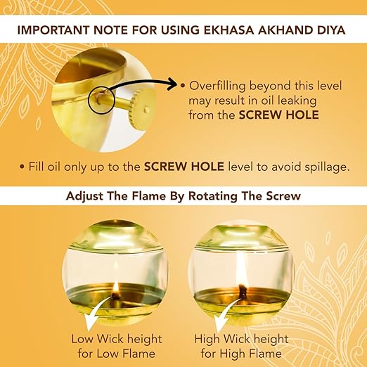 Brass Akhand Diya with Adjustable Bati with Screw Lever for Puja Borosilicate Glass Diya for Pooja Home Decoration & Gifts .