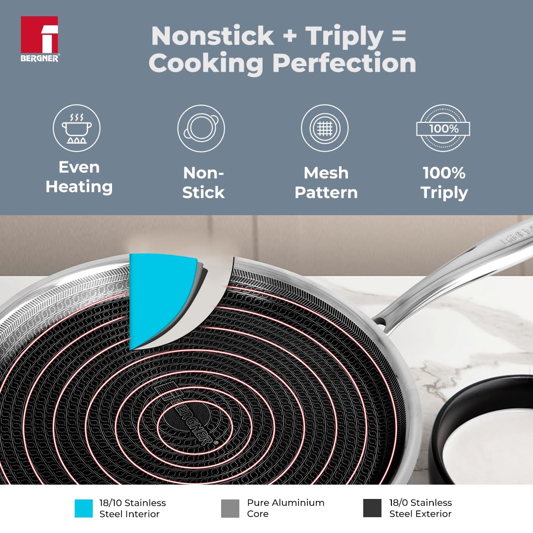 Bergner Hitech Prism TriPly Stainless Steel 30 cm Tawa, Non Stick Tawa for Roti/Dosa/Chapati, Induction Bottom and Gas Ready, Metal Spatula Friendly