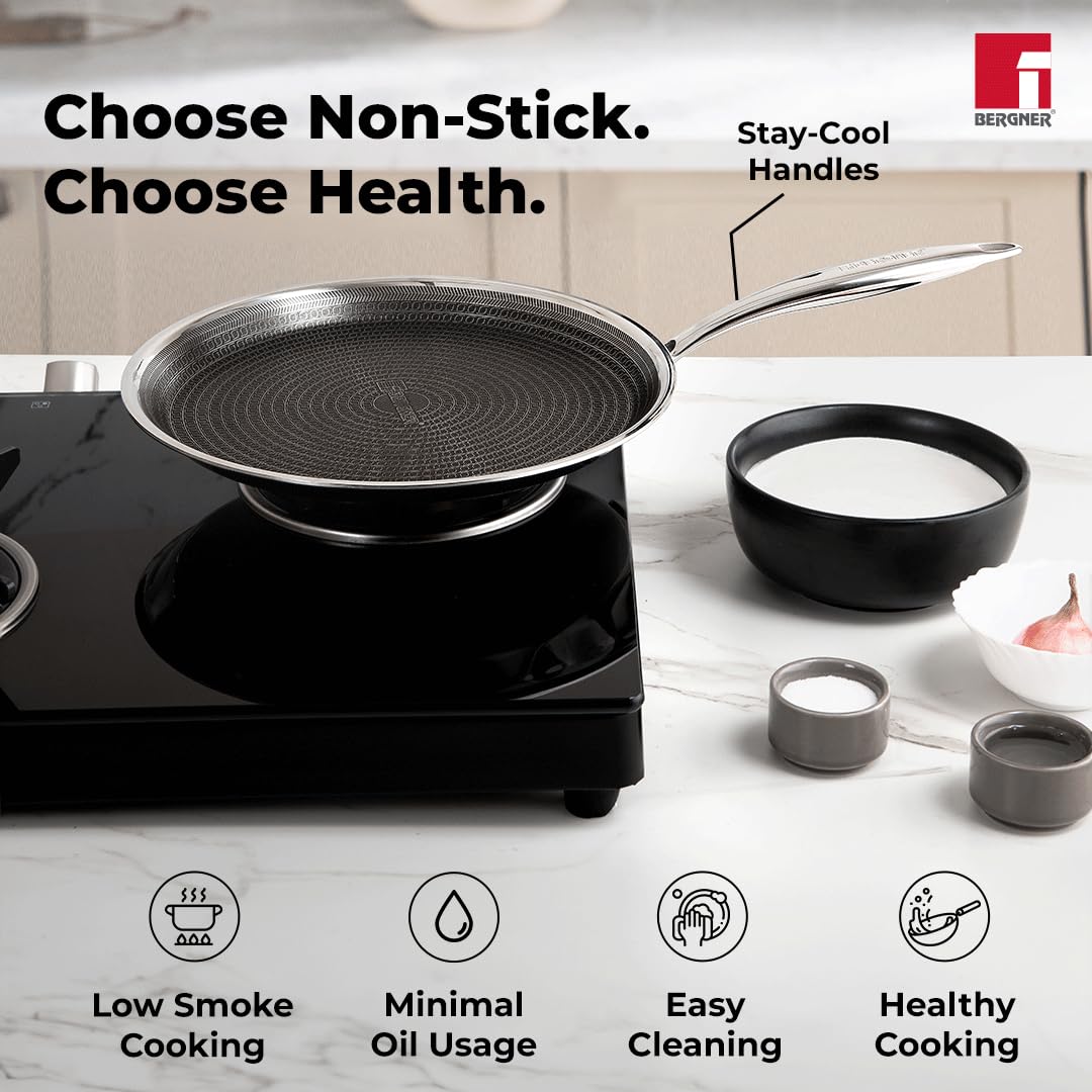 Bergner Hitech Prism TriPly Stainless Steel 30 cm Tawa, Non Stick Tawa for Roti/Dosa/Chapati, Induction Bottom and Gas Ready, Metal Spatula Friendly