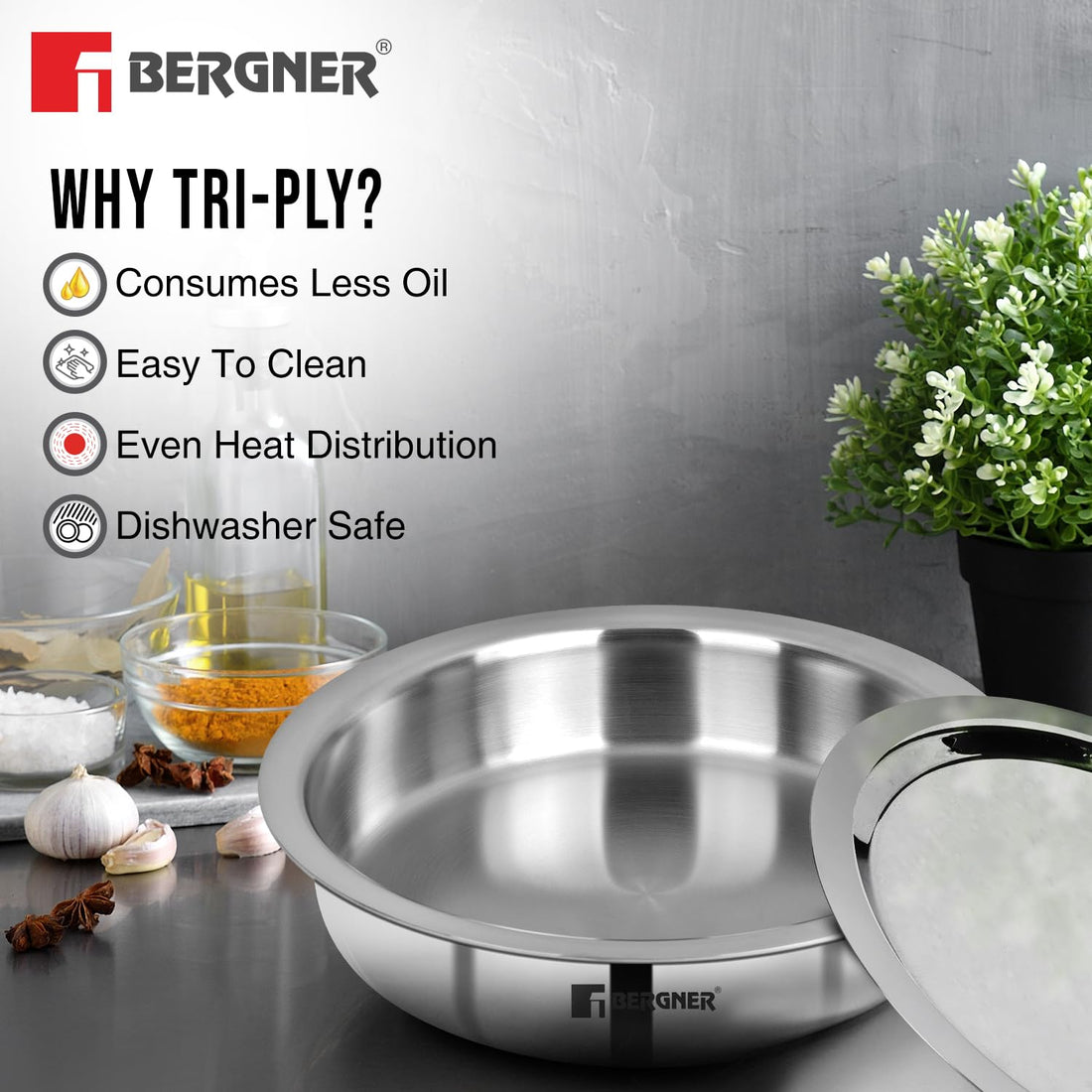 Bergner Argent TriPly Stainless Steel Lagdi with Stainless Steel Lid, Saute Pan with Lid, Food Safe, Durable, Dishwasher Safe, Induction and Gas Ready, 5-Year Warranty