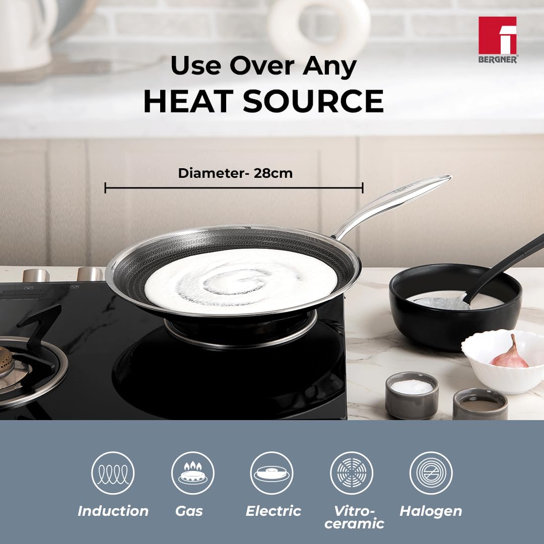 Bergner Hitech Prism TriPly Stainless Steel 30 cm Tawa, Non Stick Tawa for Roti/Dosa/Chapati, Induction Bottom and Gas Ready, Metal Spatula Friendly