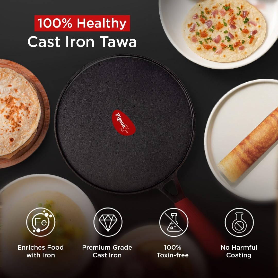 Pigeon by Stovekraft Pre-Seasoned Cast Iron Tawa | Pre-Seasoned with 100% Vegetable Oil | Naturally Nonstick | High Pressure Casting | High Strength | Bring Back Nostalgic Taste | Toxin-Free