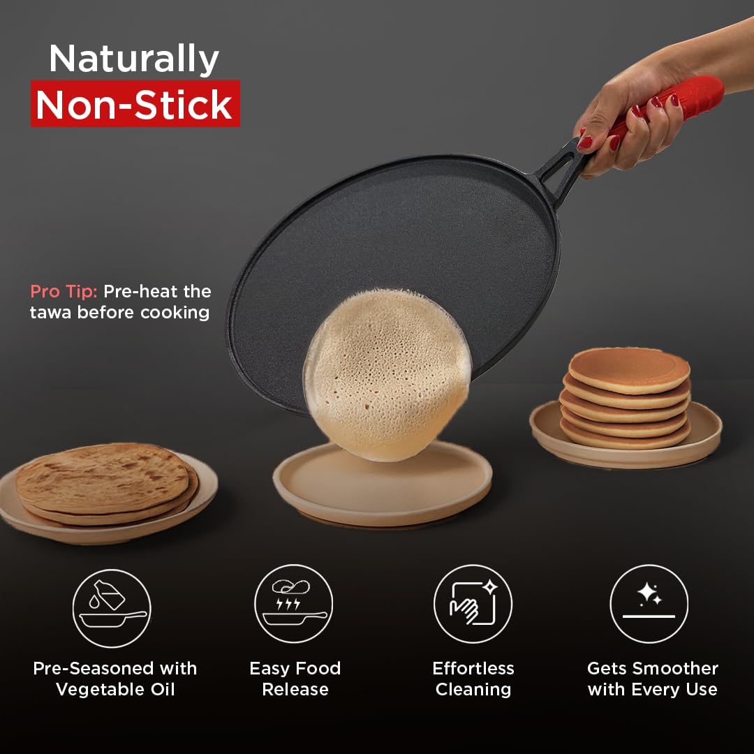 Pigeon by Stovekraft Pre-Seasoned Cast Iron Tawa | Pre-Seasoned with 100% Vegetable Oil | Naturally Nonstick | High Pressure Casting | High Strength | Bring Back Nostalgic Taste | Toxin-Free