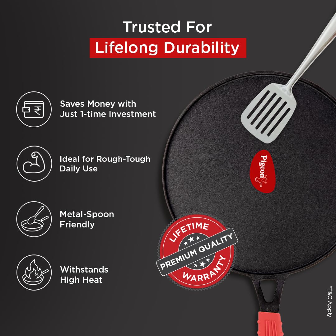 Pigeon by Stovekraft Pre-Seasoned Cast Iron Tawa | Pre-Seasoned with 100% Vegetable Oil | Naturally Nonstick | High Pressure Casting | High Strength | Bring Back Nostalgic Taste | Toxin-Free