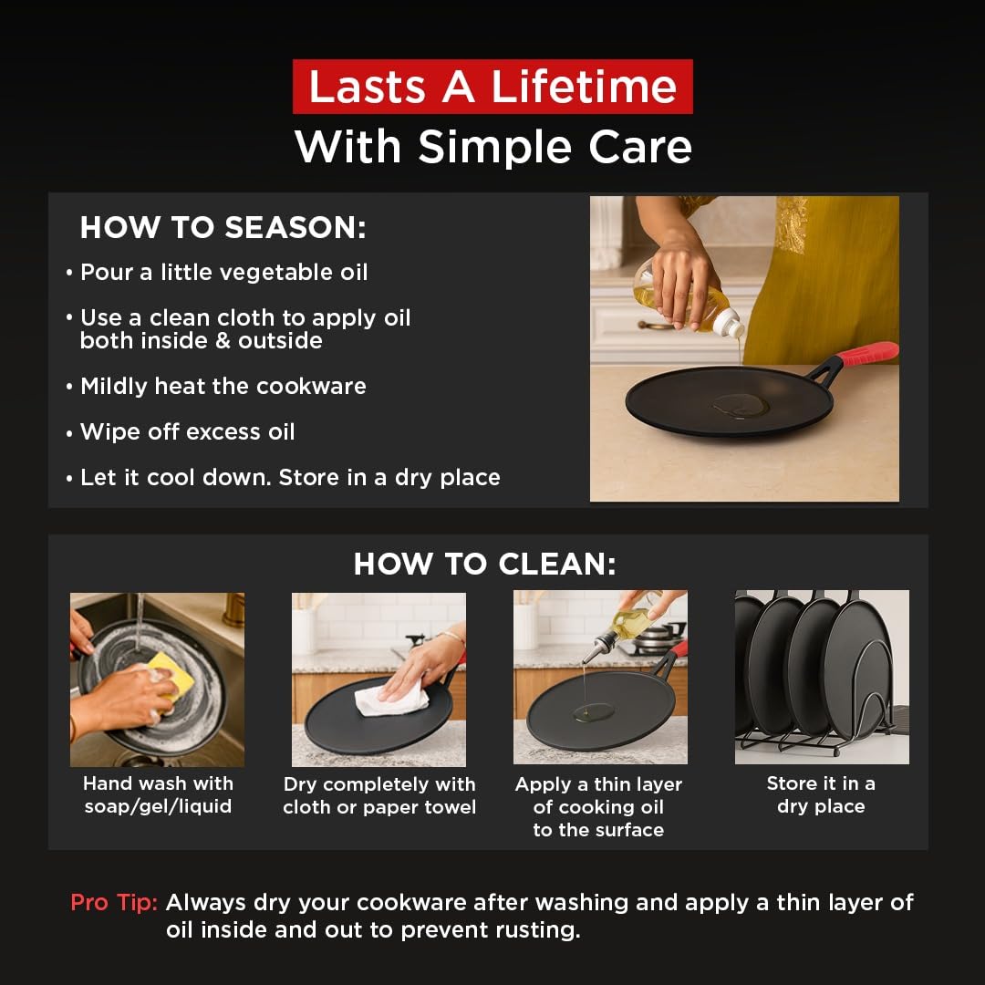 Pigeon by Stovekraft Pre-Seasoned Cast Iron Tawa | Pre-Seasoned with 100% Vegetable Oil | Naturally Nonstick | High Pressure Casting | High Strength | Bring Back Nostalgic Taste | Toxin-Free