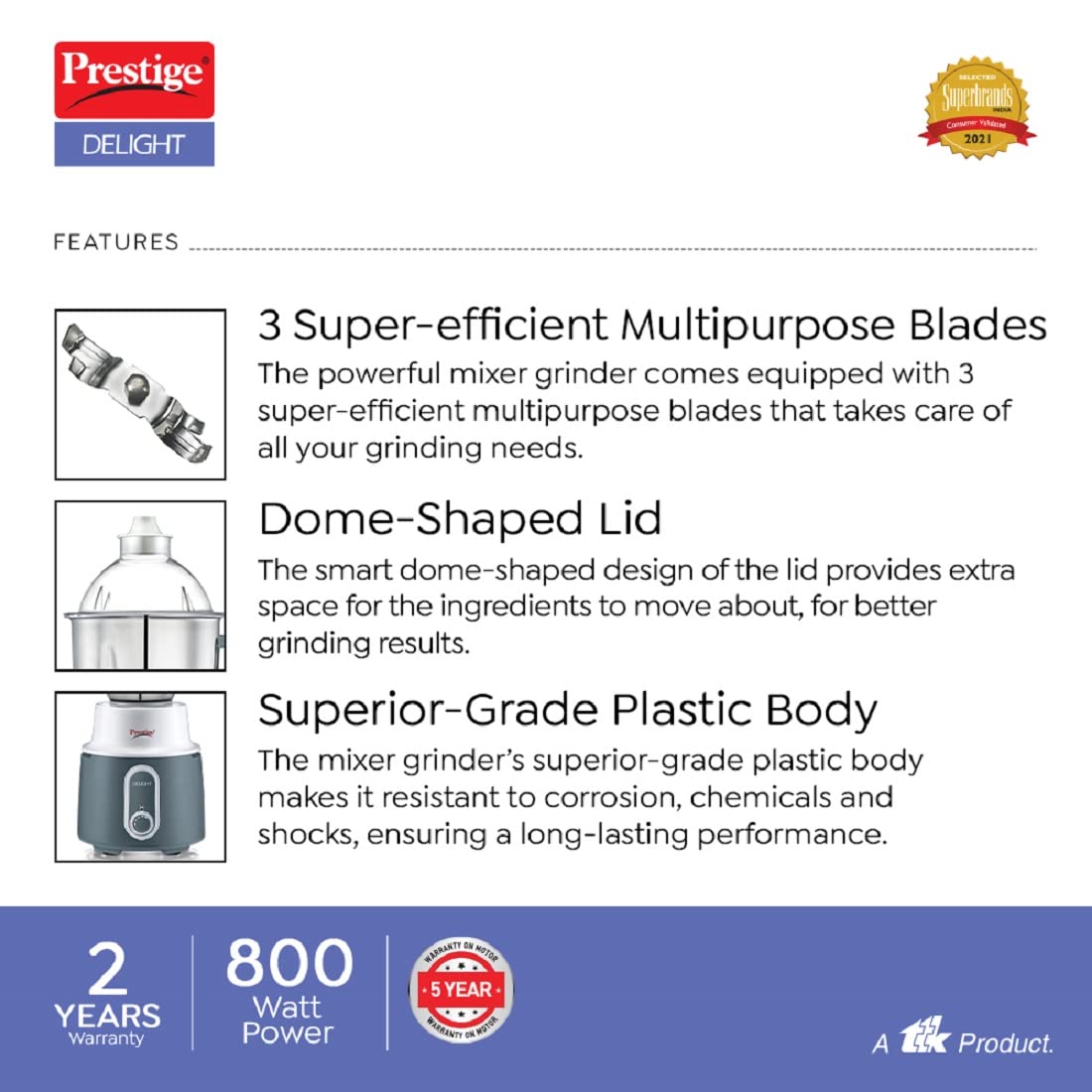 Prestige Delight Mixer Grinder 750 W (With 3 Stainless Steel Jars)