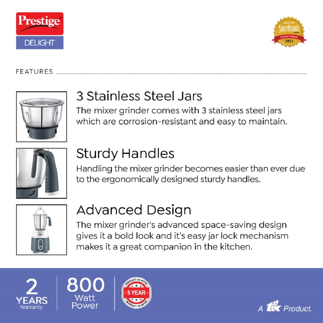 Prestige Delight Mixer Grinder 750 W (With 3 Stainless Steel Jars)