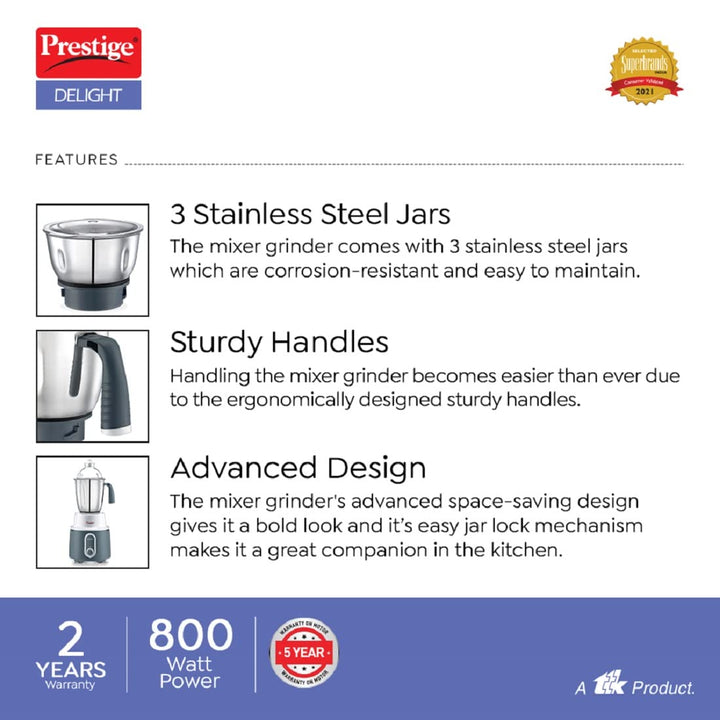Prestige Delight Mixer Grinder 750 W (With 3 Stainless Steel Jars)