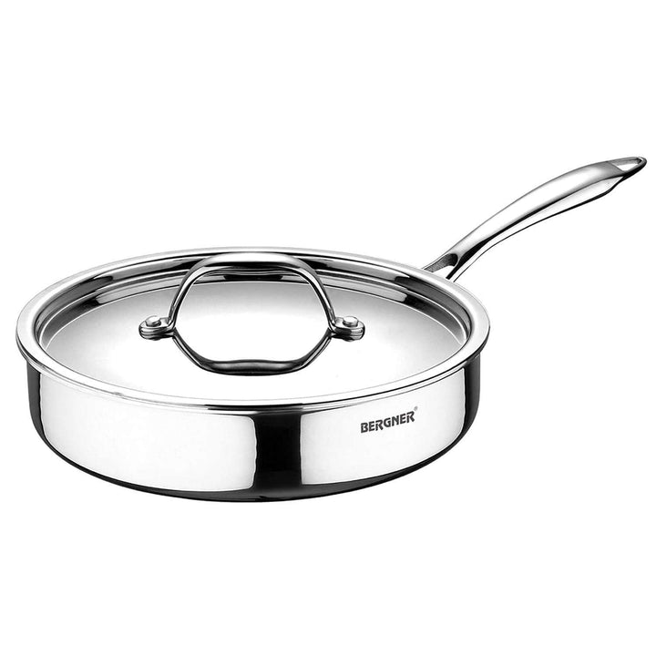 BERGNER Argent TriPly Stainless Steel Sautepan with Stainless Steel Lid, Sturdy Stay Cool Cast Handle, Healthy Cooking, Less Oil Use, Food Safe, Durable - Induction and Gas Stove Ready