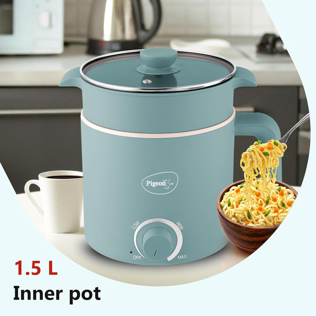 Pigeon by Stovekraft Swift Plus Multi-Cook Kettle 1.5L, with Steamer, Egg Rack - Blue | Double Layered | Food Grade Stainless Steel Inner wall | Glass Lid | Auto Shut-off